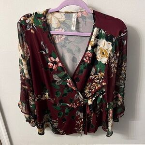 PerSeption Concept Floral Wrap Blouse in Burgundy and Cream